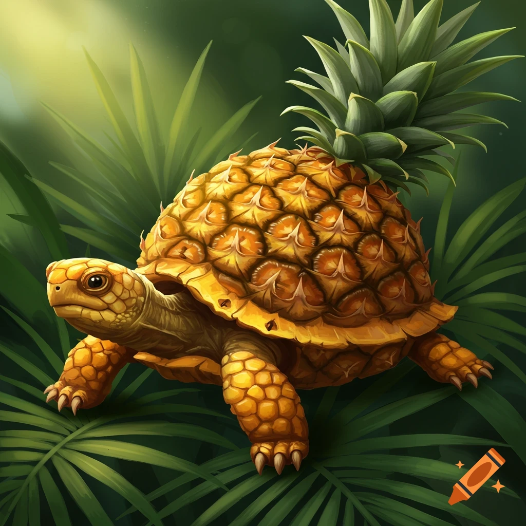 A turtle with a pineapple for a shell is walking through lush jungle leaves.