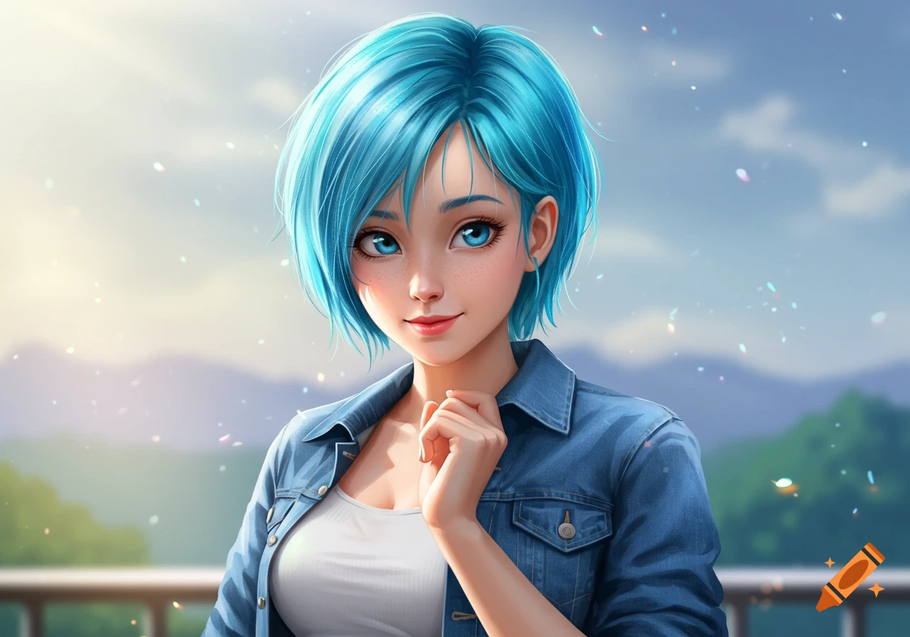 A smiling anime girl with blue hair and freckles wearing a denim jacket