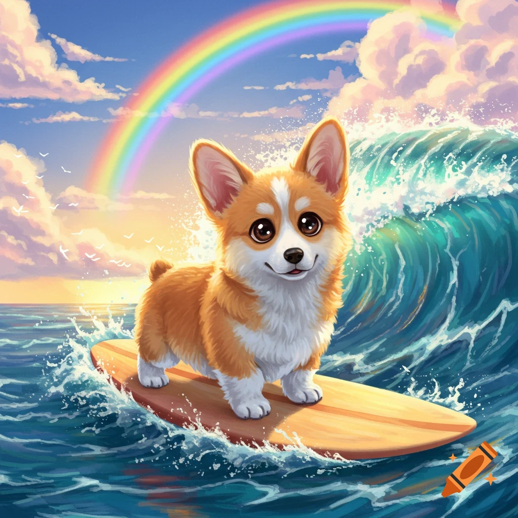 A cute corgi puppy rides a surfboard on a wave under a rainbow