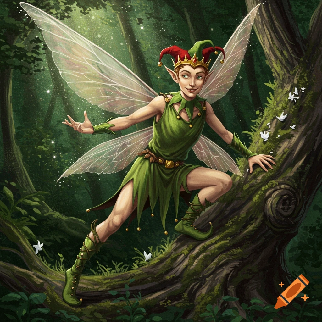 A male fairy character with a jester's hat and wings crouches on a mossy tree trunk in a forest.