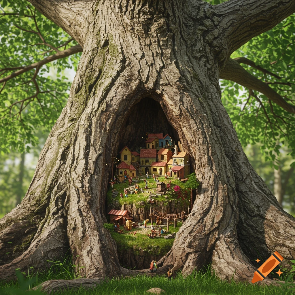 A detailed miniature village inside a hollow tree trunk in a forest.
