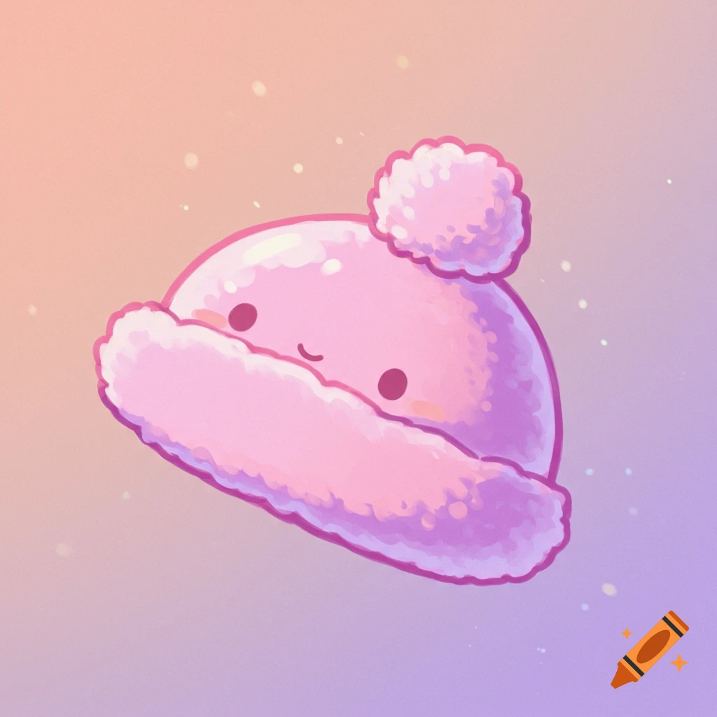 A cute pink fuzzy hat with a face and pom-pom, digital art style.