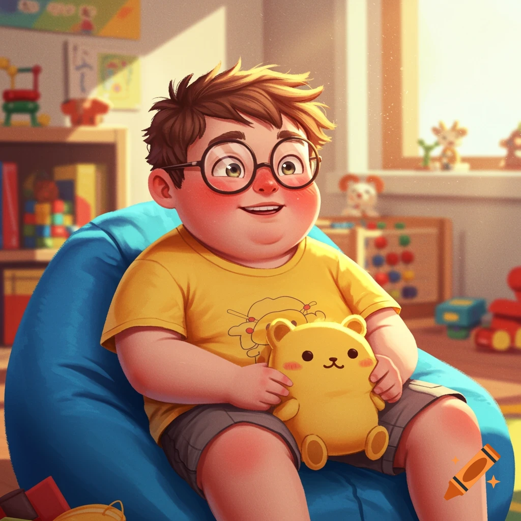 Cartoon boy with glasses sits on a blue beanbag holding a yellow bear in a sunny playroom filled with toys.