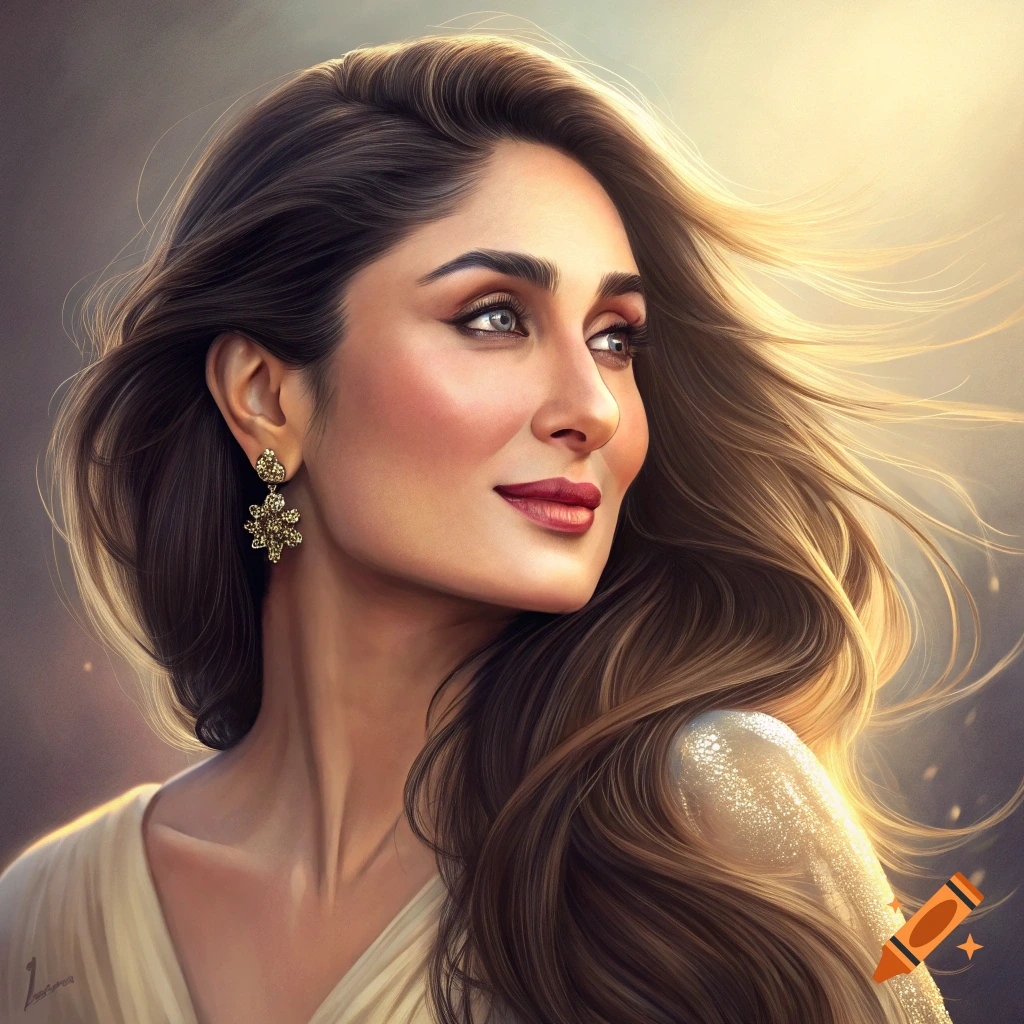 Close-up portrait of a woman with long brown hair blowing in the wind, wearing an earring, in a bright, backlit style.