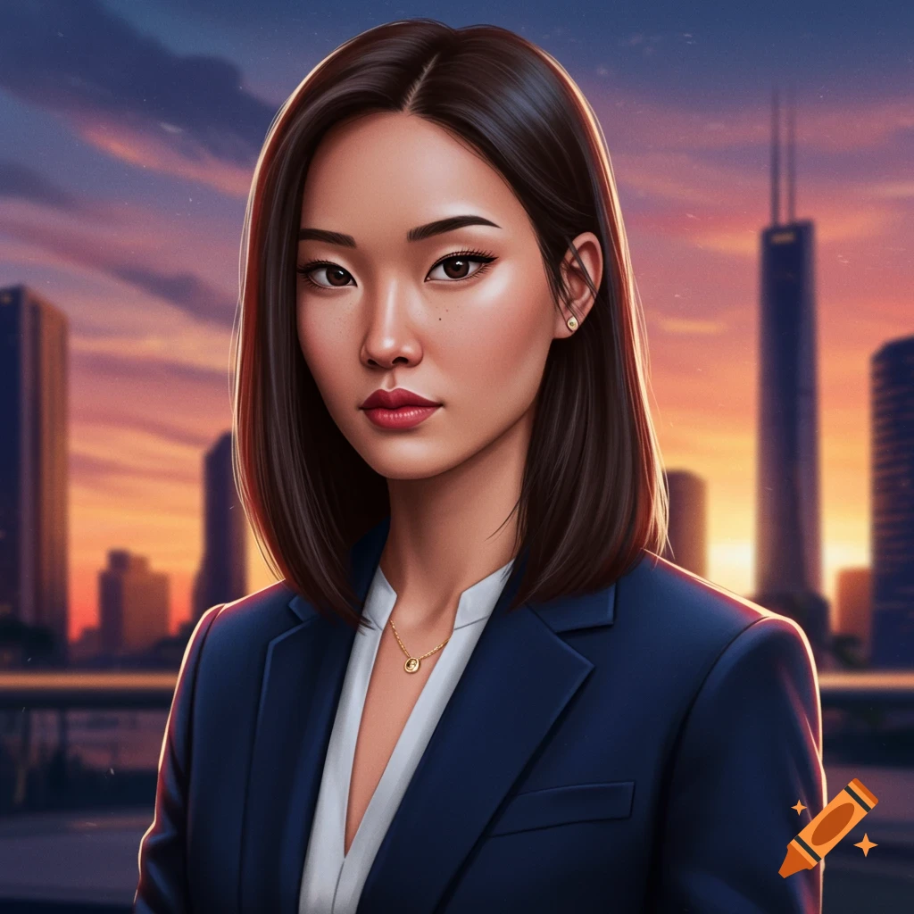 A professional woman in a navy suit stands against a cityscape at sunset.