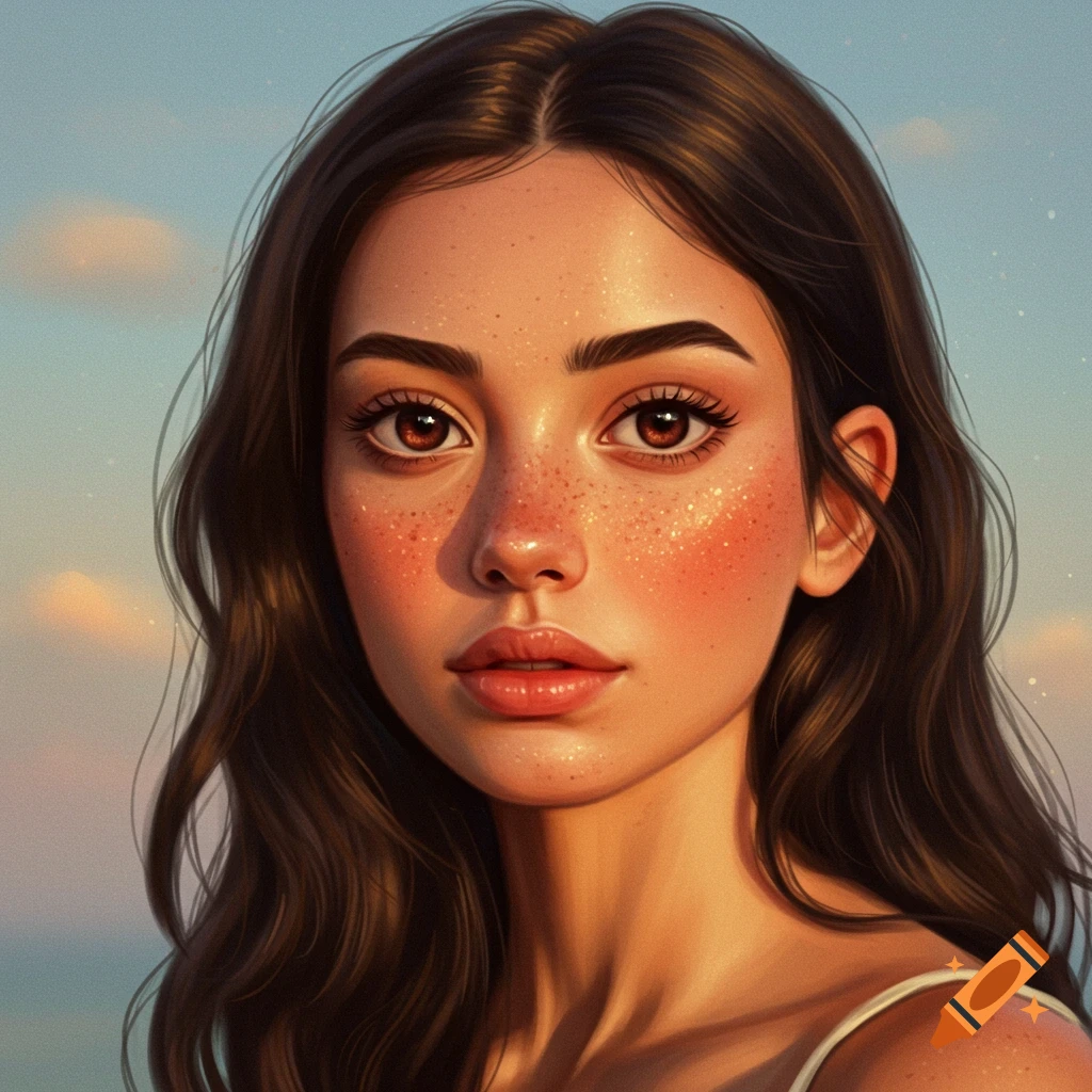 Portrait of a young woman with dark hair and freckles