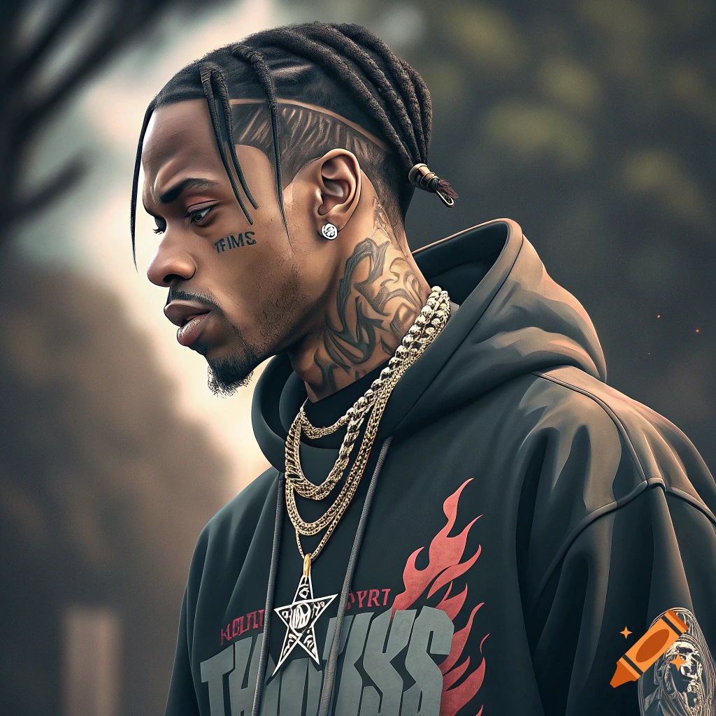 Portrait of a person with braided hair, face and neck tattoos, gold chains, and a black hoodie.
