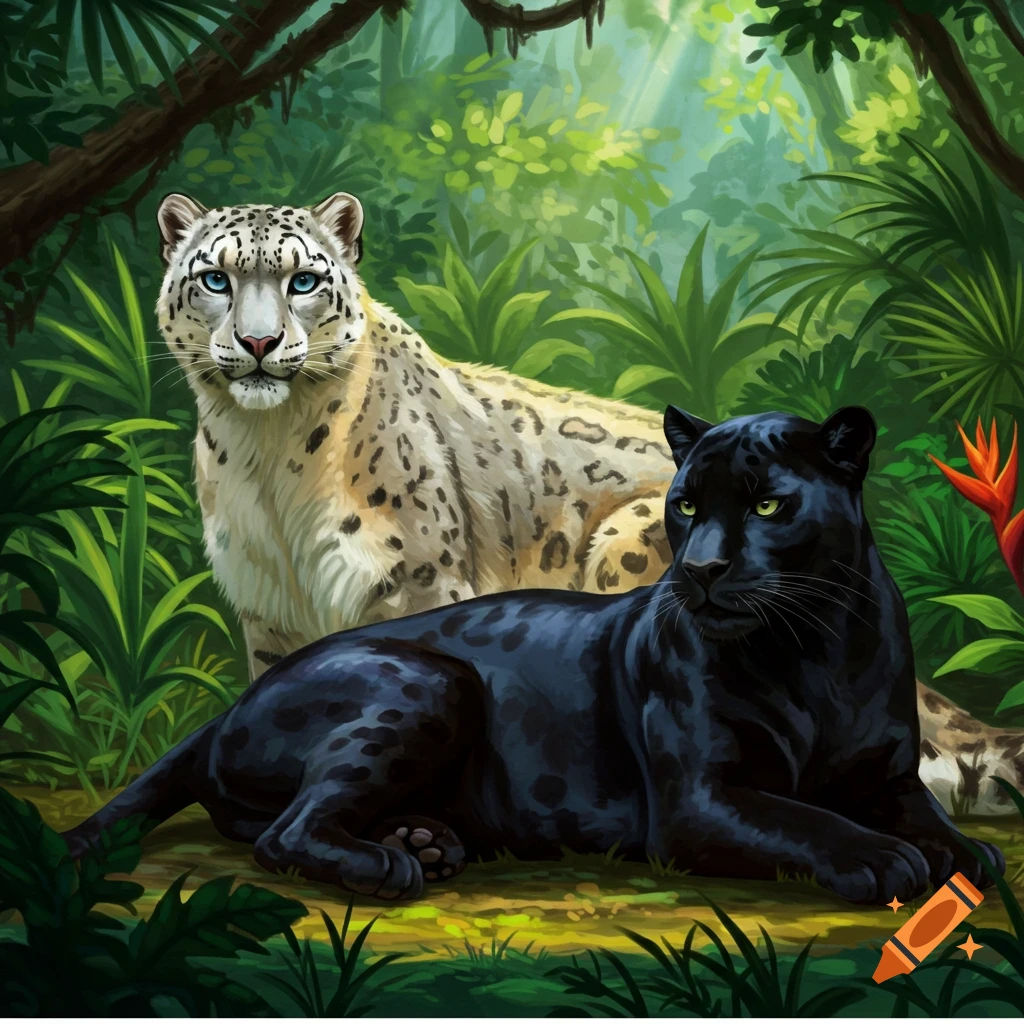 A snow leopard and a black panther resting in a lush rainforest.