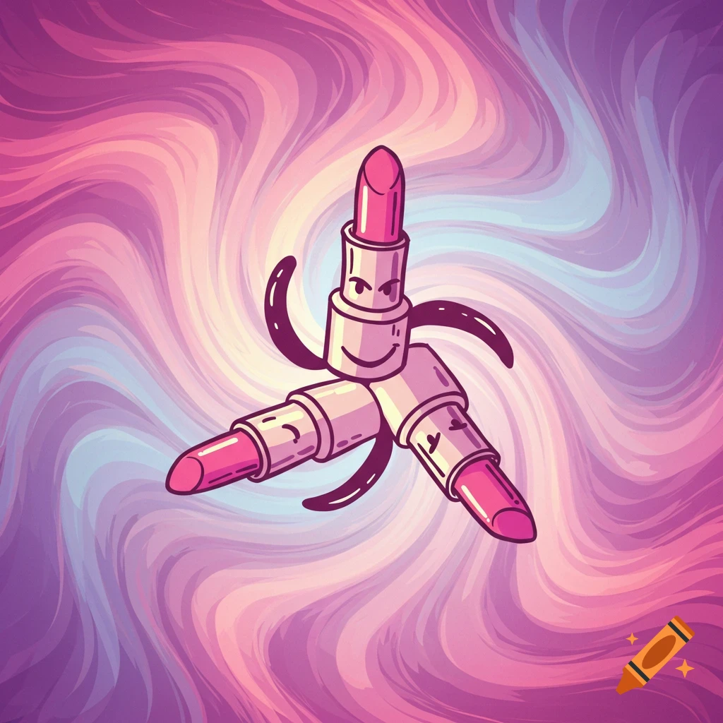Three cartoon lipsticks with faces arranged as a symbol against a swirling pink and purple background.