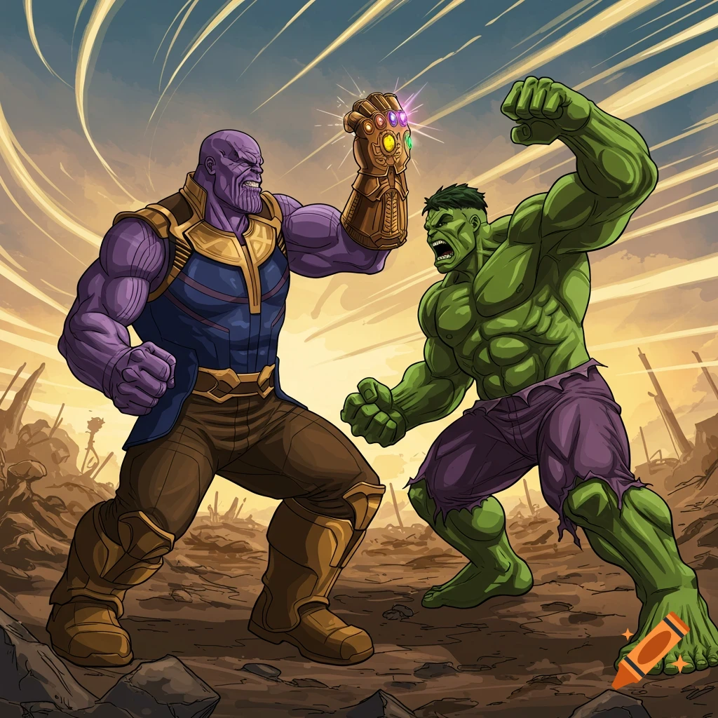 Vector illustration of Thanos and Hulk fighting in a destroyed landscape. Thanos holds the Infinity Gauntlet.