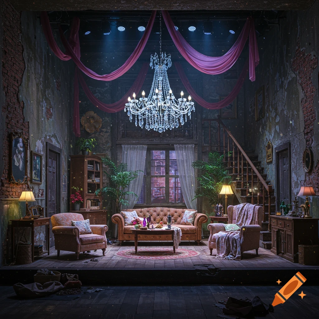 A dramatic interior room featuring a chandelier, sofa, chairs, and staircase, illuminated by spotlights.