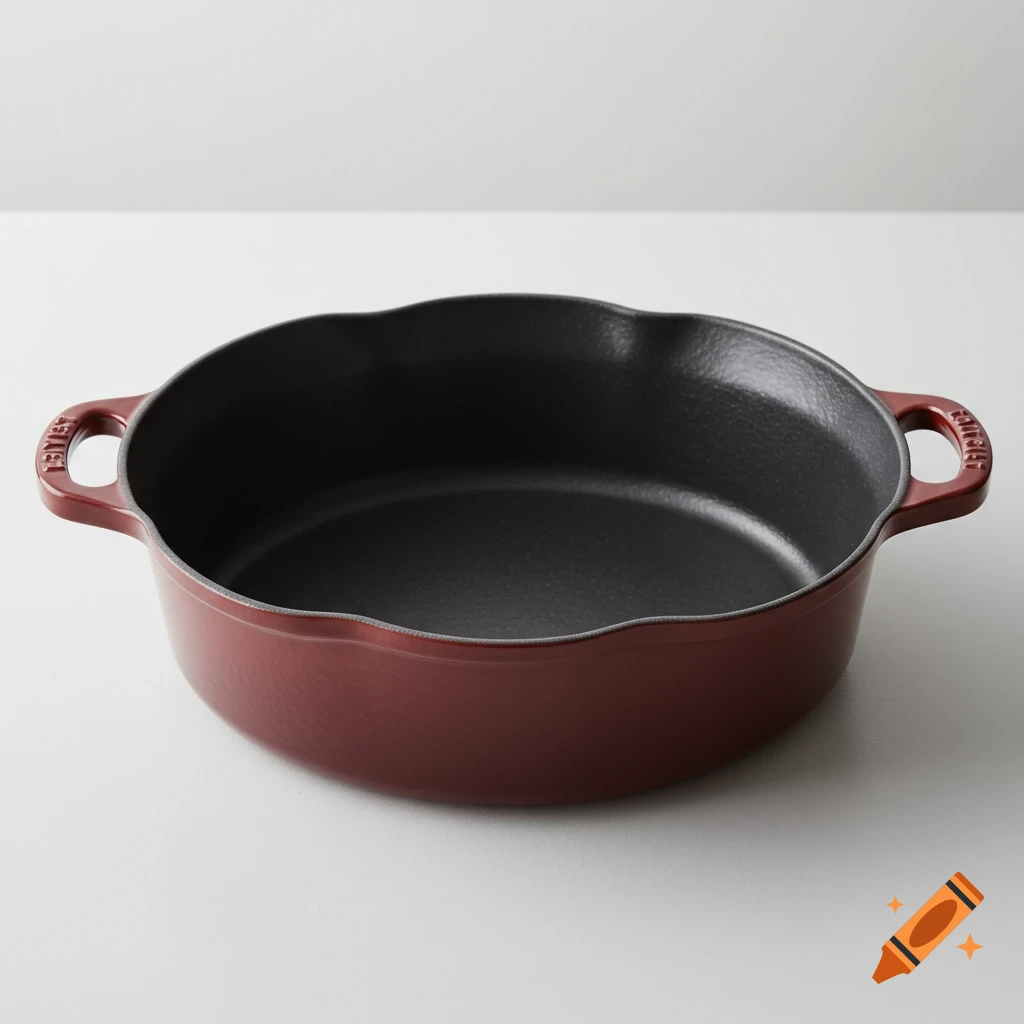A red cast iron shallow pot or braiser with handles on a white surface.