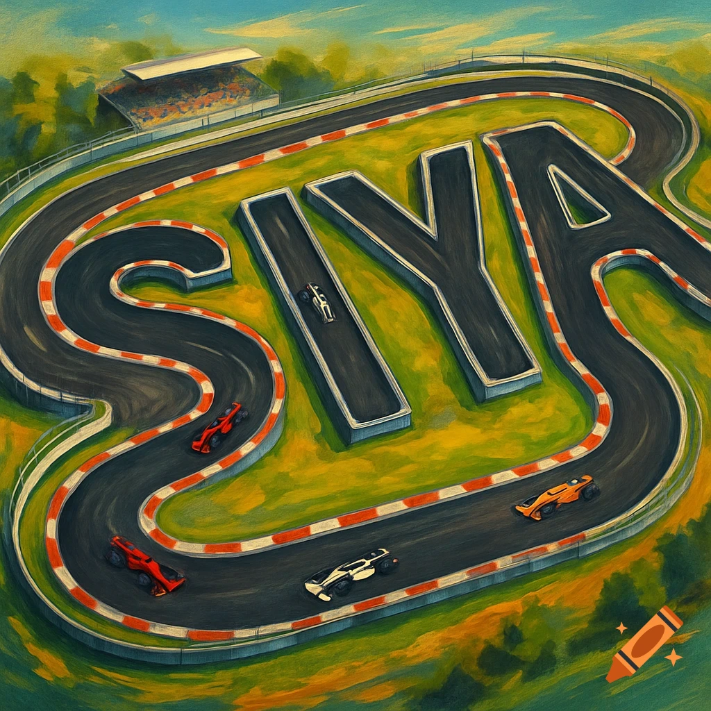 A race track shaped like the letters SIYA with cars on it.
