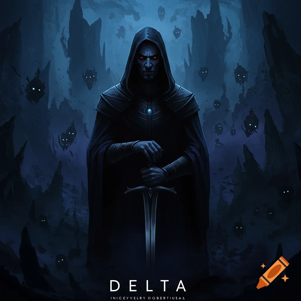 A dark hooded figure with a sword stands in a cave filled with shadowy spirits.