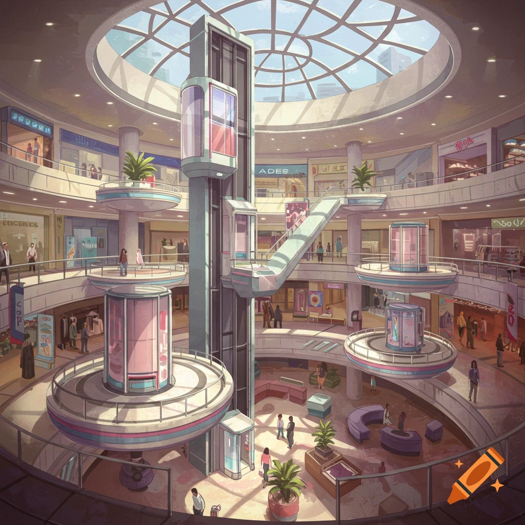 A multilevel shopping mall atrium with lifts, platforms, stairs, and shoppers under a glass dome.