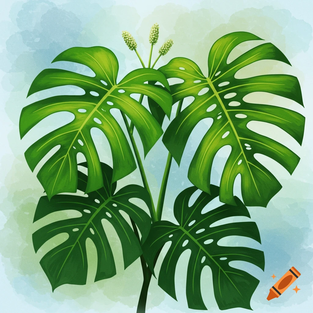 A monstera plant with white flower buds against a watercolor background
