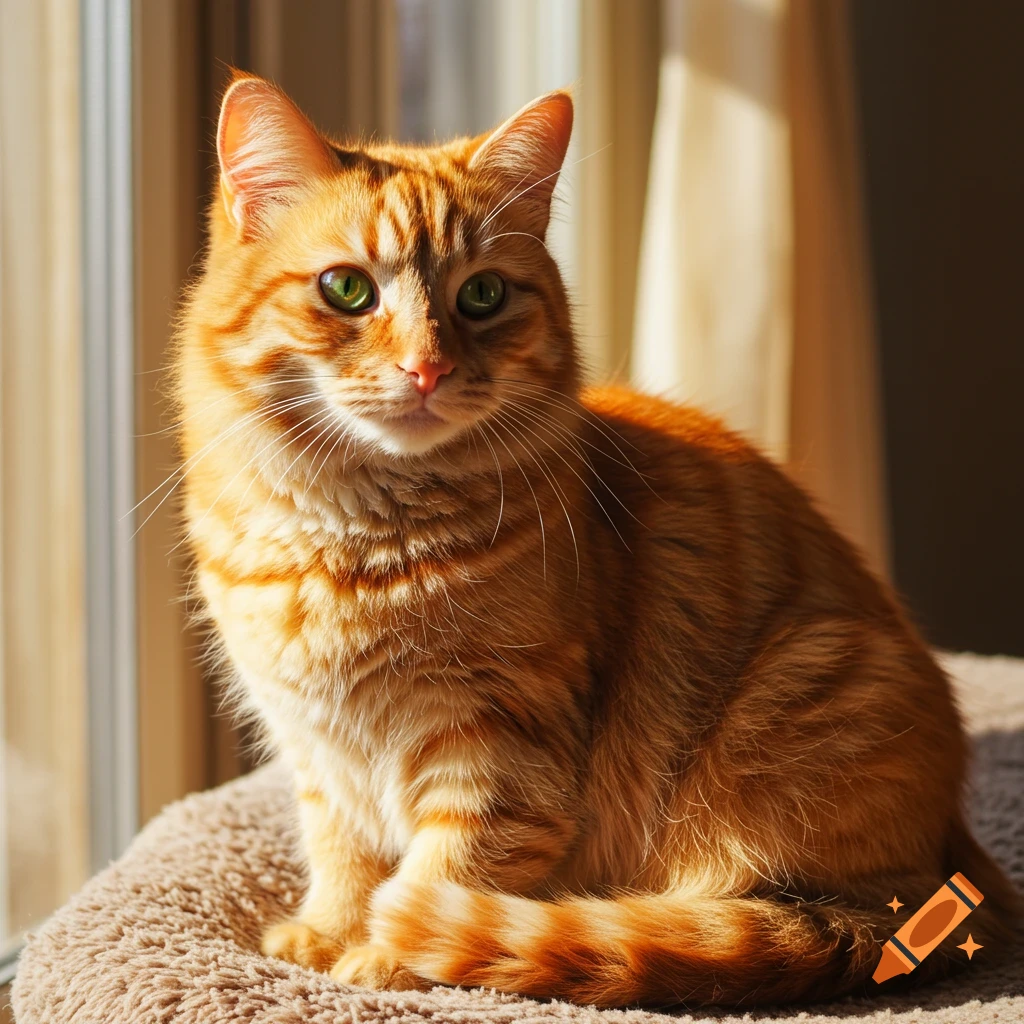 An orange tabby cat sits by a window in the sunlight.