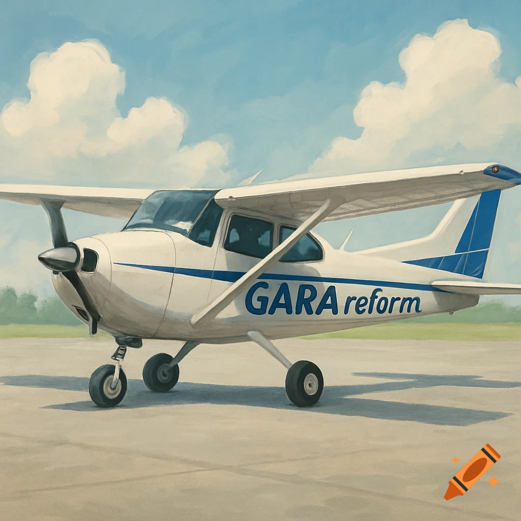 A white and blue single-engine airplane with 'GARA reform' on its side sits on a tarmac under a cloudy sky.