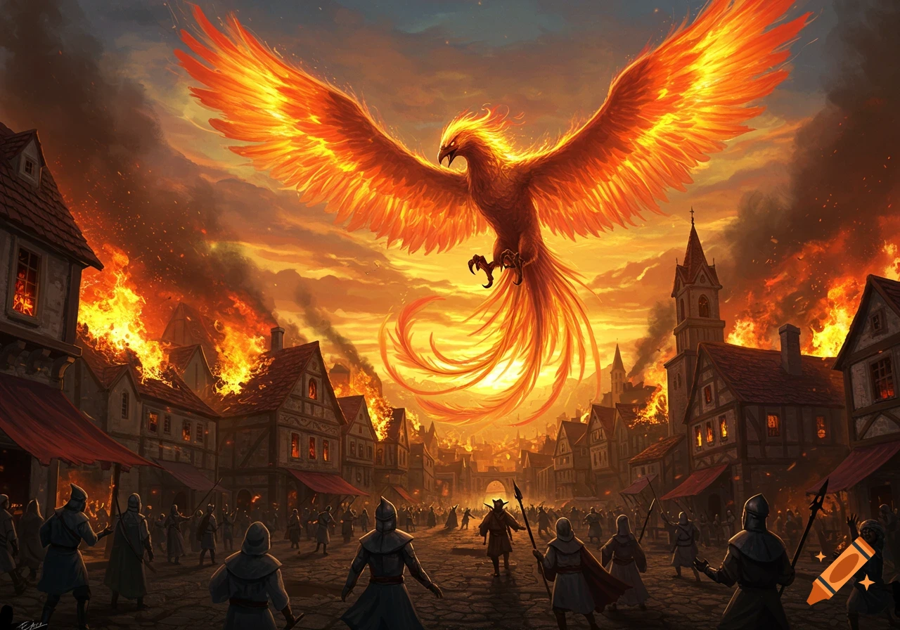 A fiery phoenix flies over a burning town