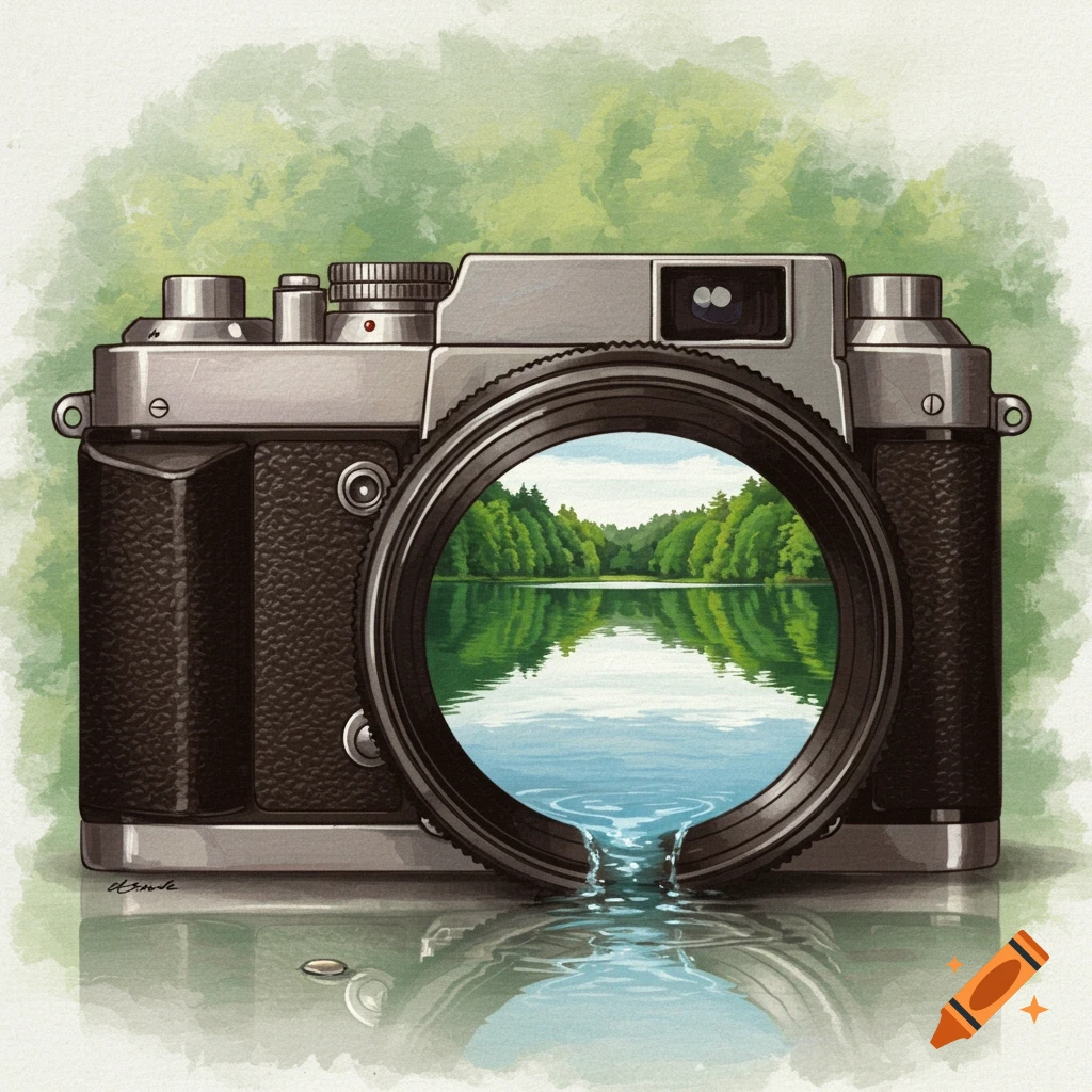 A camera with a lake and forest scene visible in the lens, with water spilling out and reflecting below.