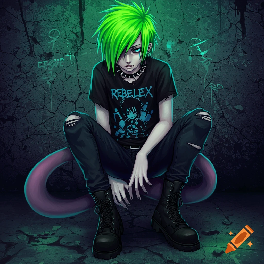 An emo Mewtwo boy with neon green hair crouching.