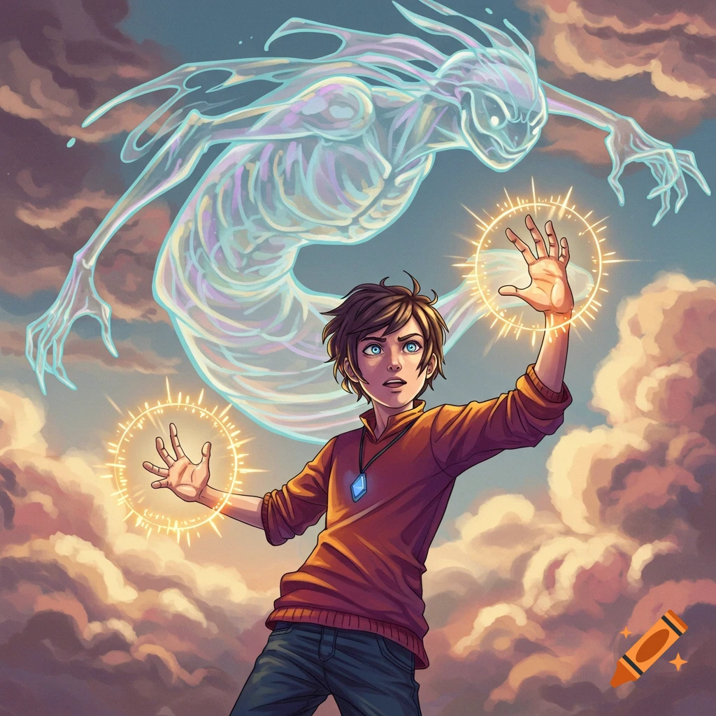 A young person with glowing hands faces a spectral monster in a cloudy sky.