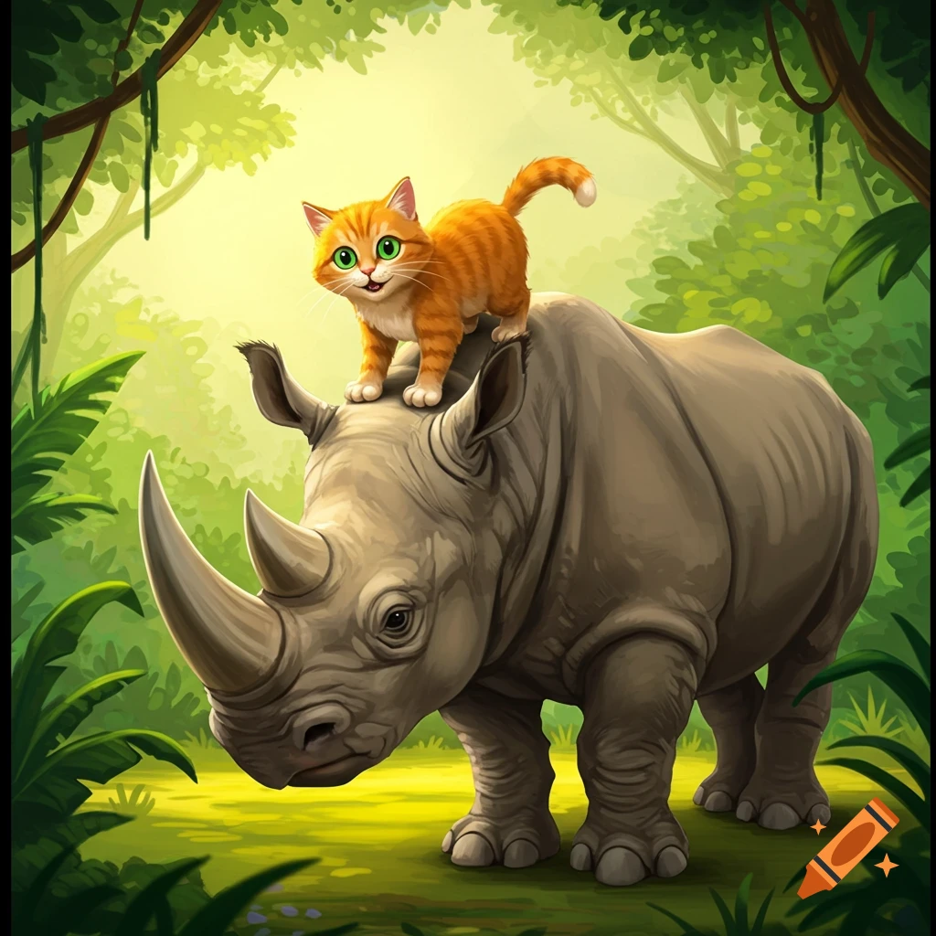 A cartoon cat sits on the back of a rhino in a jungle.