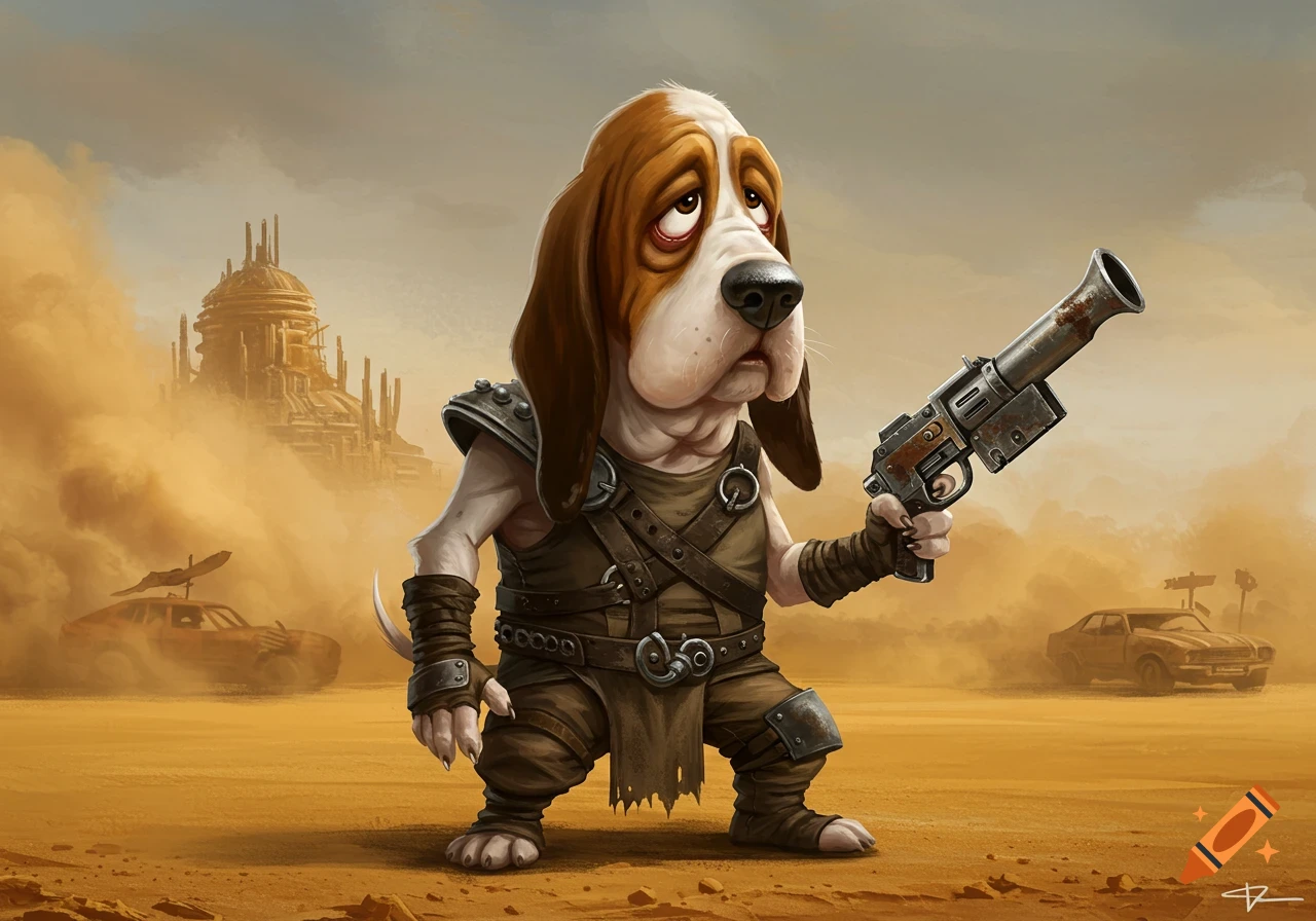 A cartoon basset hound dressed as a post-apocalyptic warrior stands in a desert wasteland holding a large gun.