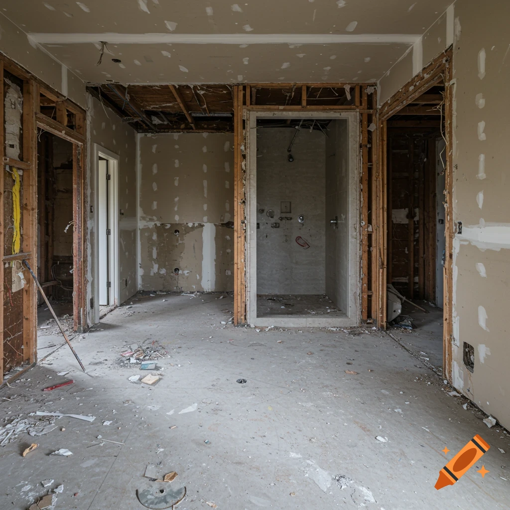 Gutted, unfinished bathroom interior with exposed studs and construction debris