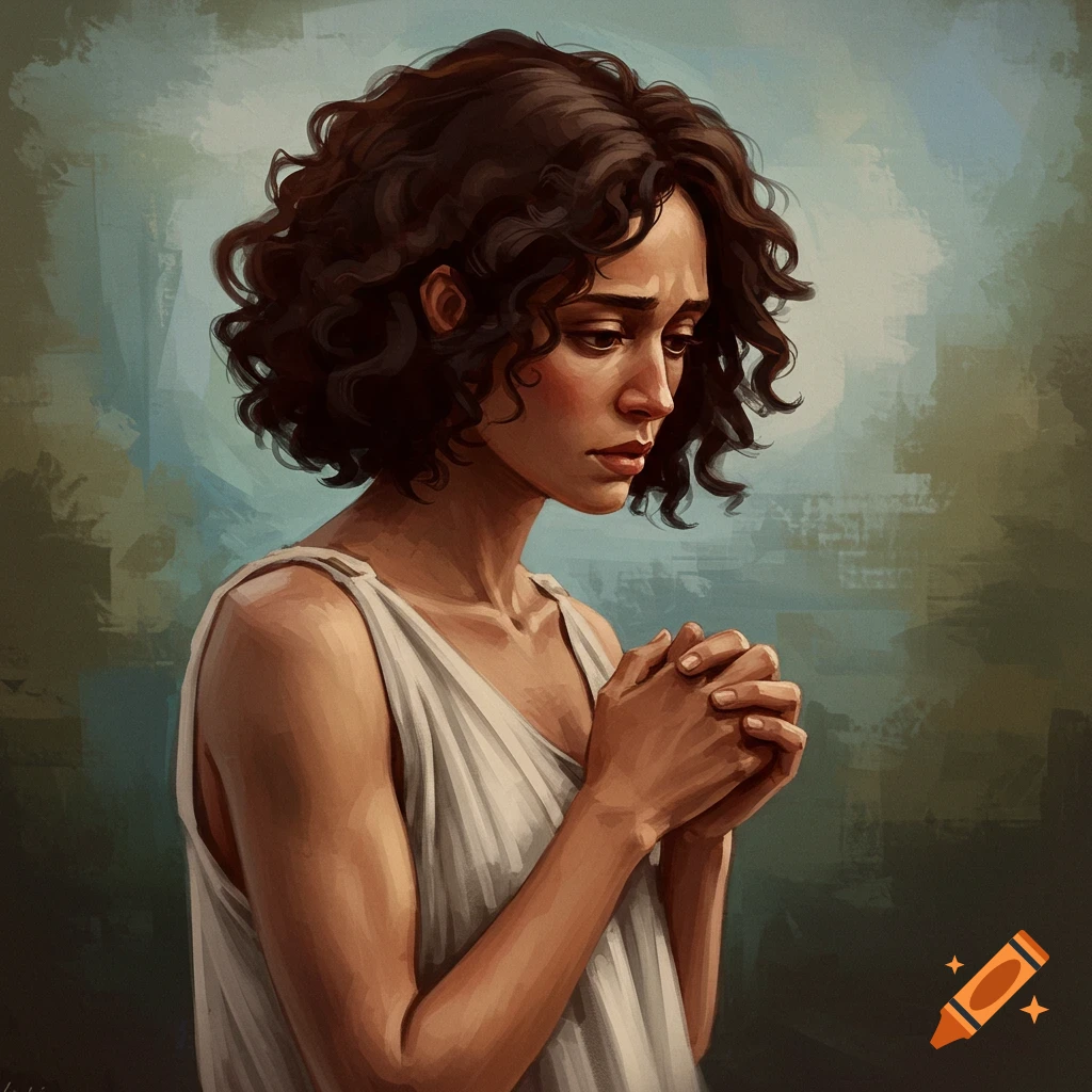 A young woman with dark curly hair, hands clasped, looking down in contemplation or prayer.