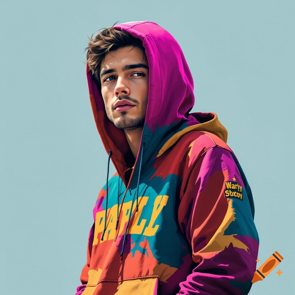A male model wearing a colorful hoodie, looking away from the camera.