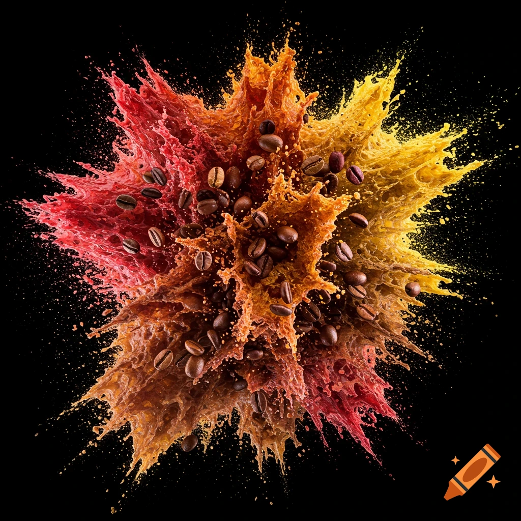 Colorful explosion of liquid with coffee beans floating through it.
