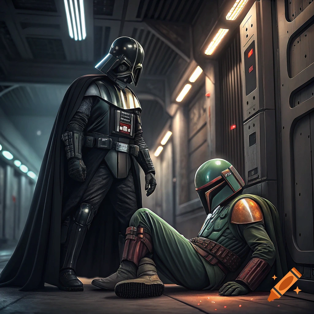 Darth Vader stands over Boba Fett seated on the floor in a sci-fi hallway