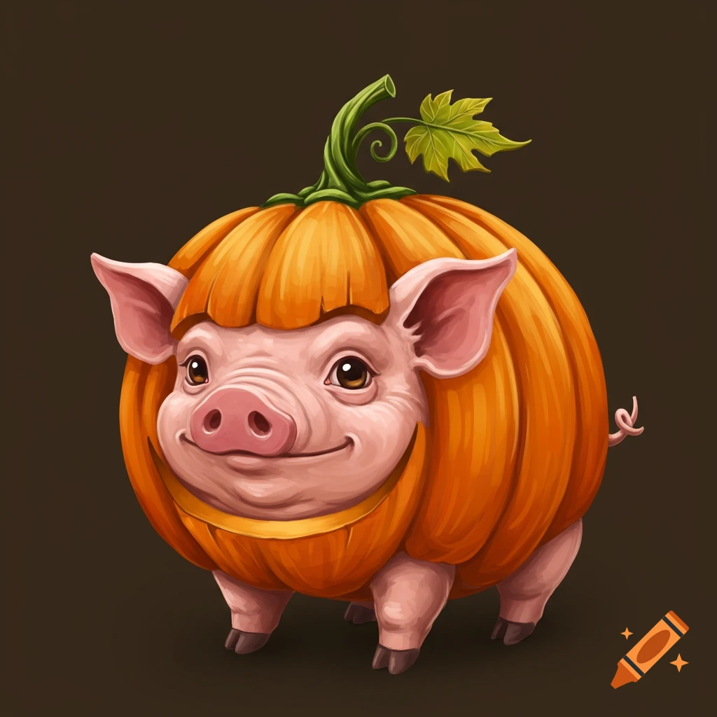 A cute pig wearing a pumpkin costume with a stem and leaf on top.