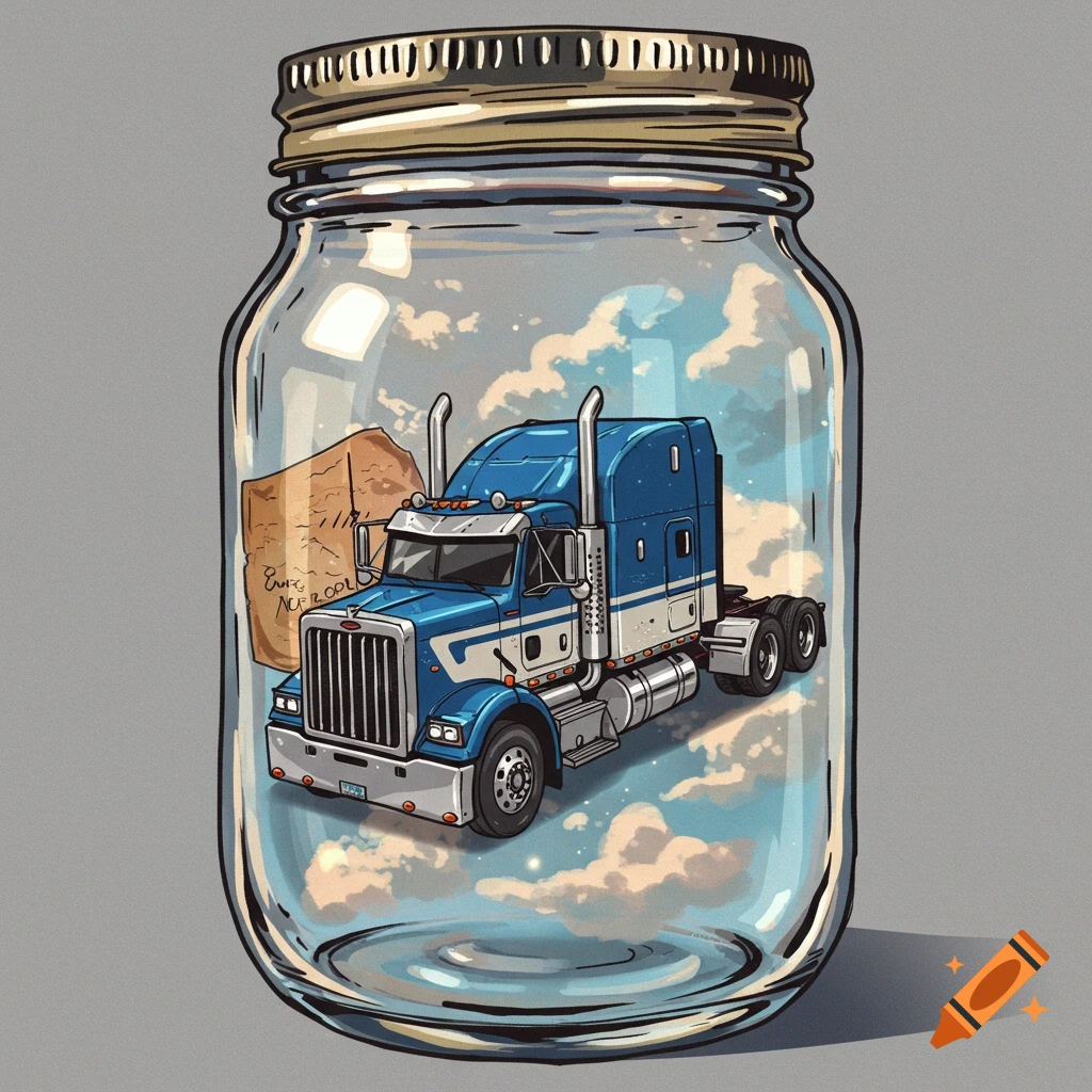 A semitruck inside a glass jar with clouds.