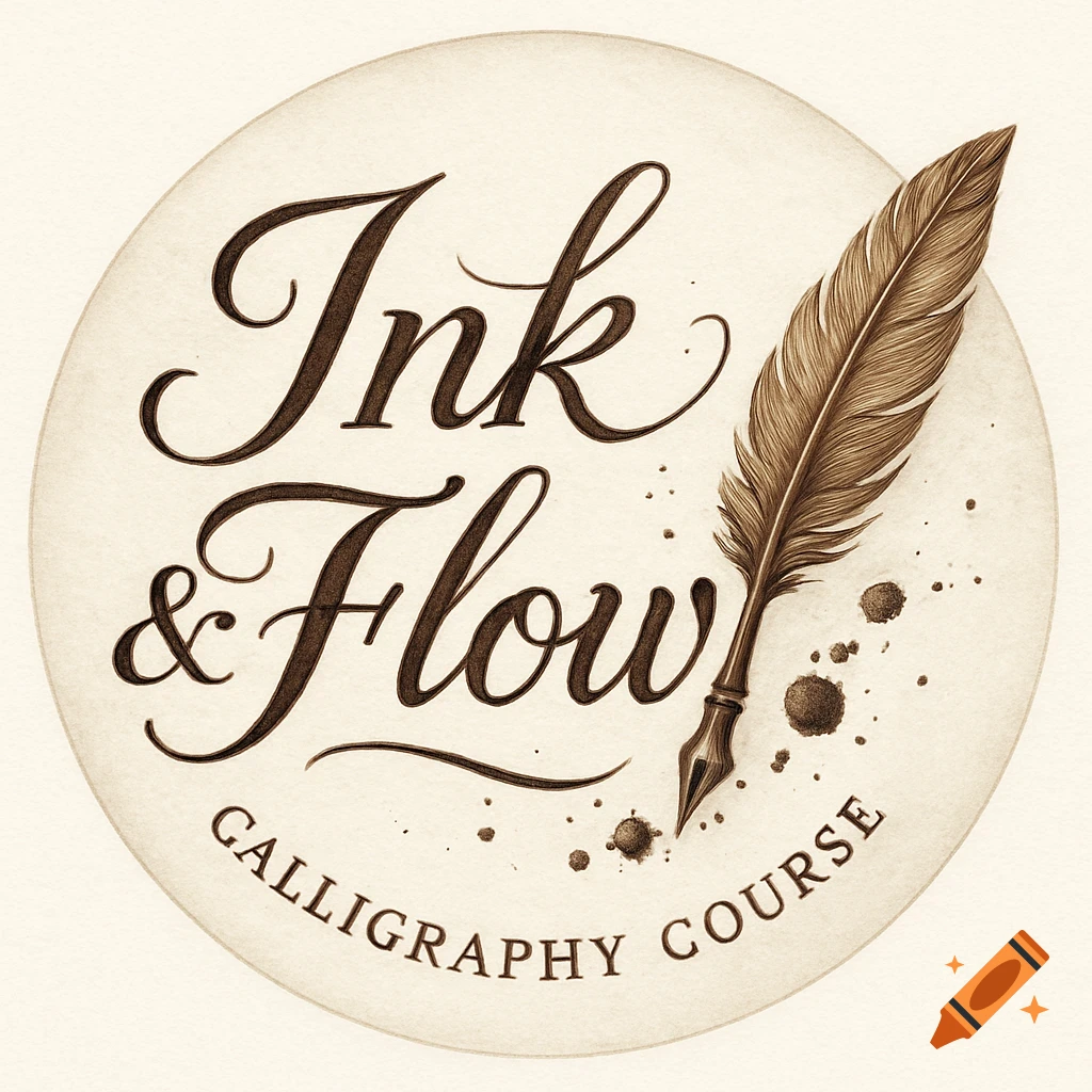 Circular logo with 'Ink & Flow Calligraphy Course' text, feather quill, ink splatters.