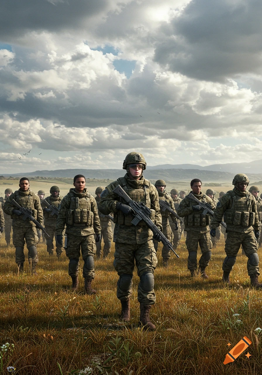 A group of soldiers in camouflage uniforms standing in a grassy field under a cloudy sky.