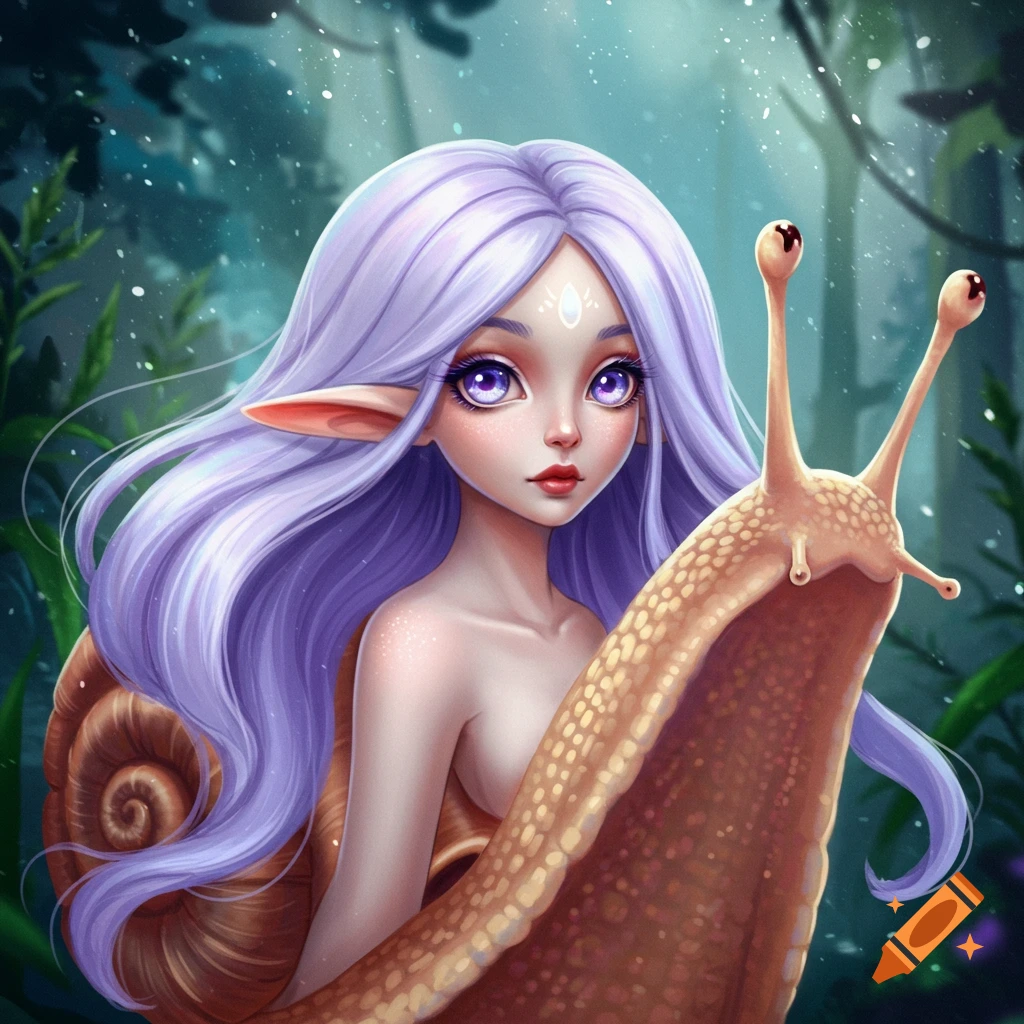 Anime fantasy illustration of a purple-haired human-snail creature in a forest.