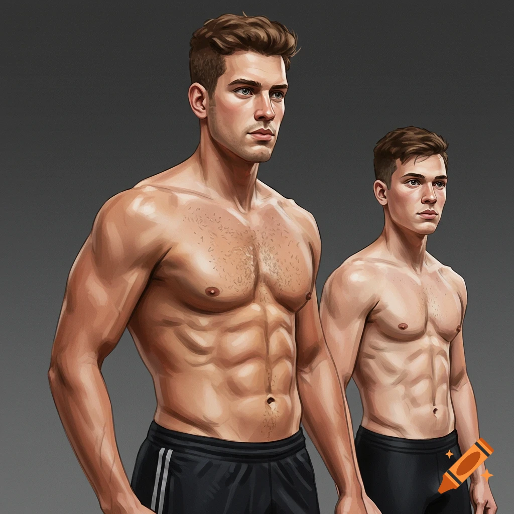 Two muscular men are standing side by side.