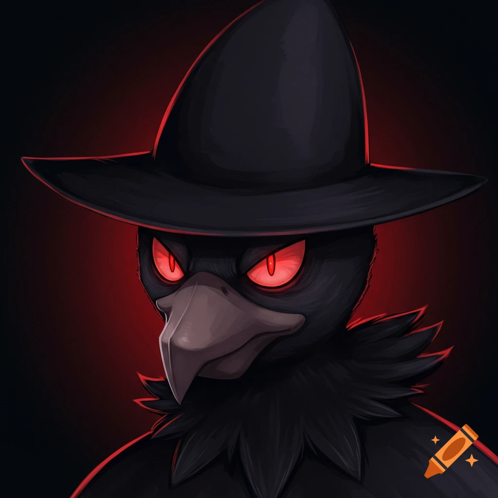 A black bird in a witch hat with glowing red eyes.
