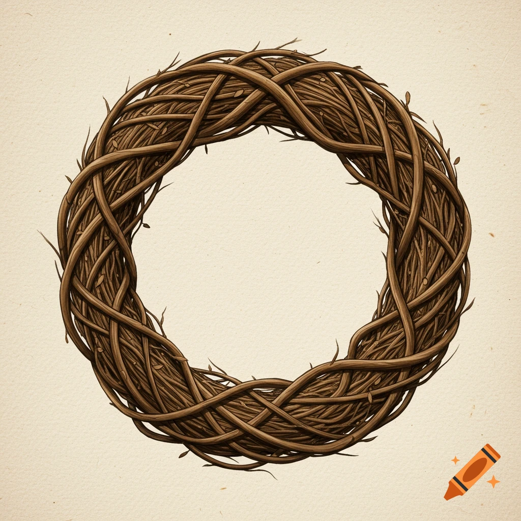 A detailed image of a rustic wreath made of brown intertwined branches on a light textured background.