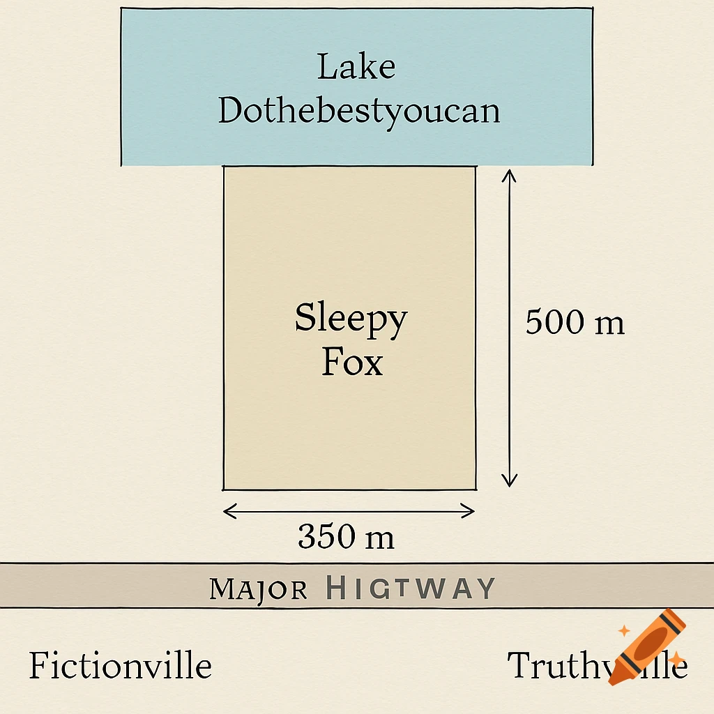 Simple diagram of a lake, a property, a highway, and two towns with labels and dimensions.