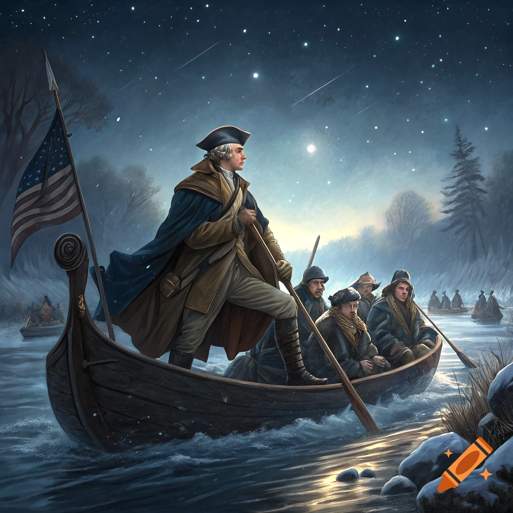 George Washington standing in a boat crossing a river with soldiers at night.