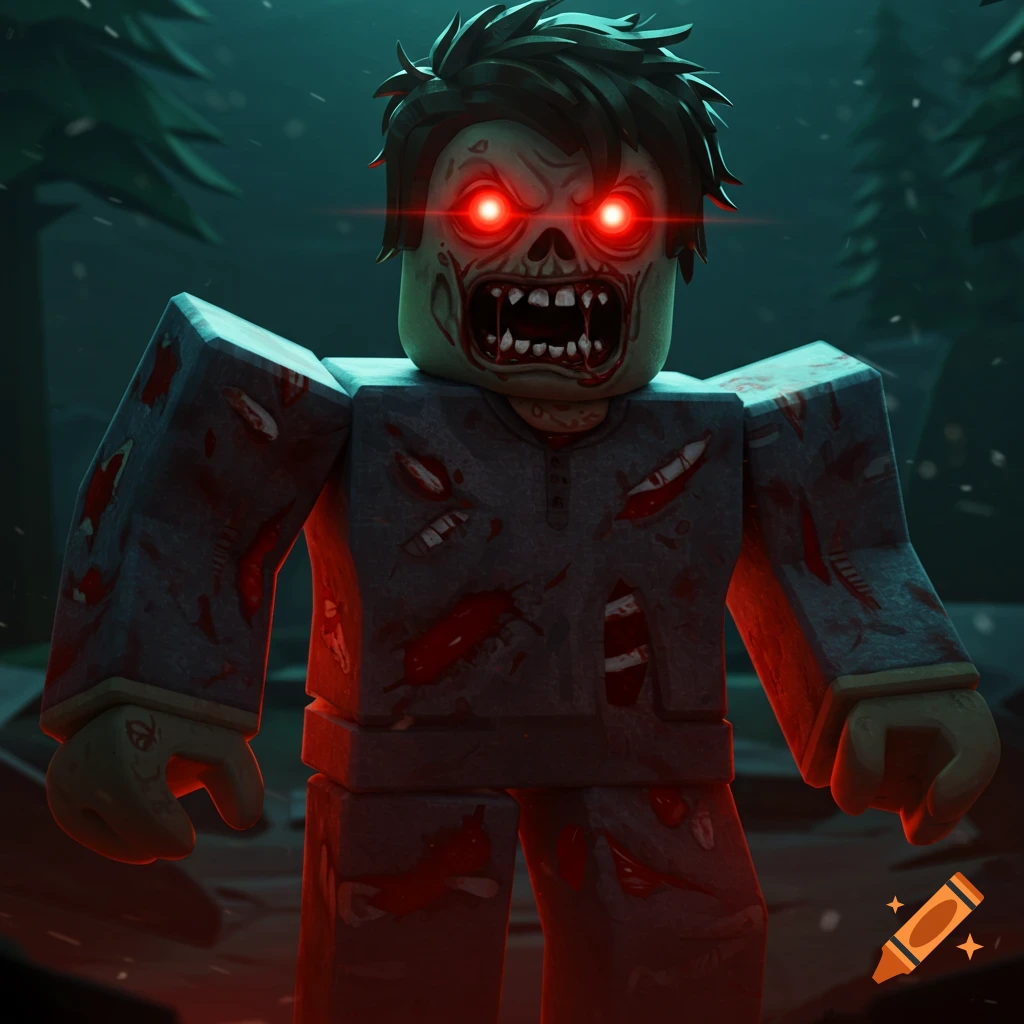A Roblox-style zombie with glowing red eyes and bloodstains standing in a dark forest.