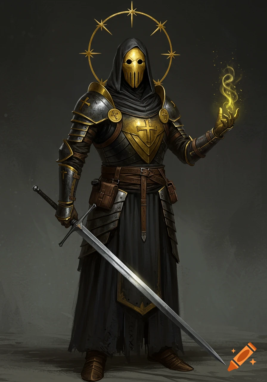 A masked religious knight in gold and black armor holds a sword and casts a spell.
