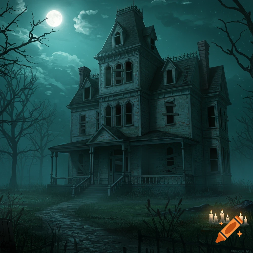 A spooky Victorian haunted house at night under a full moon with bare trees, fog, and glowing candles.