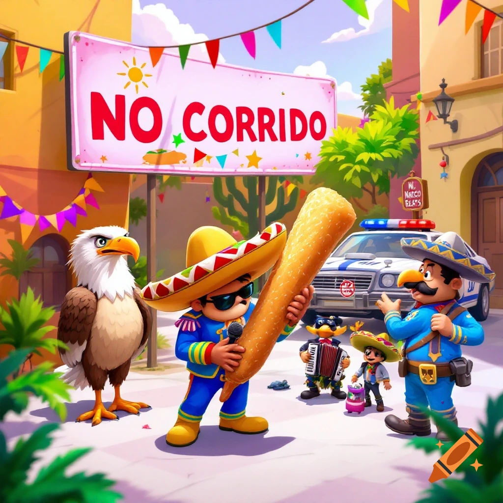 Cartoon scene with characters in Mexican setting, a giant churro, eagle, police car, and a 'NO CORRIDO' sign.