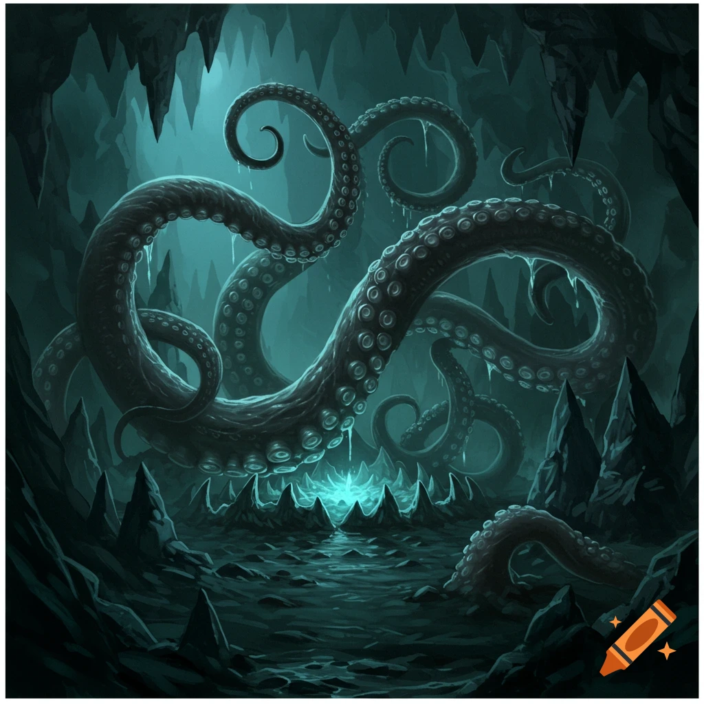 Large tentacles emerging from a dark cave with a glowing center.
