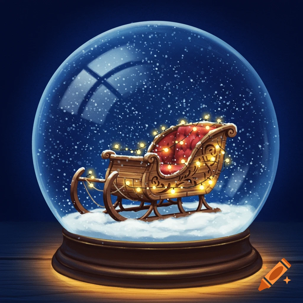 A festive sleigh inside a snow globe, covered in snow with lights.