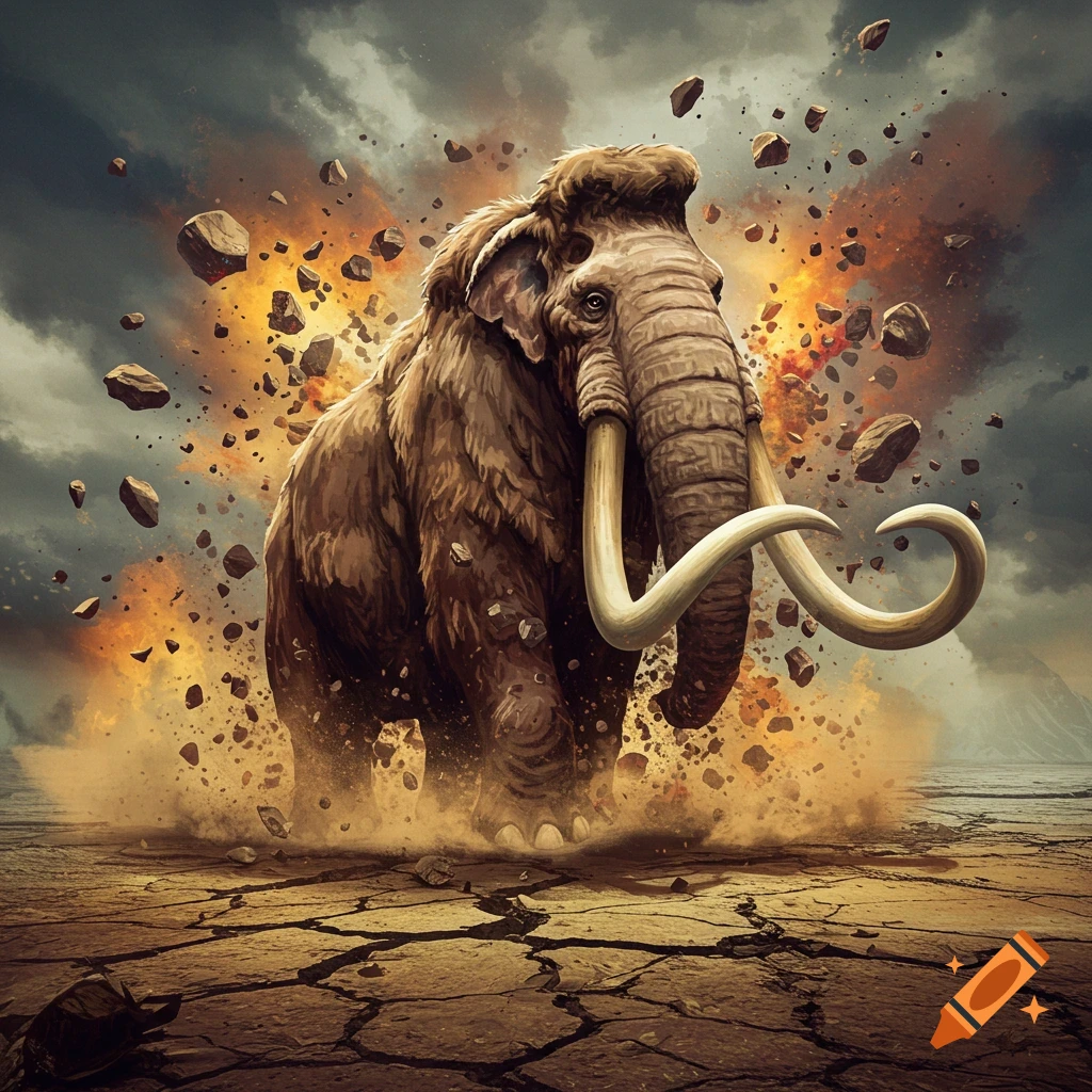 A woolly mammoth erupting from cracked earth, surrounded by flying rocks and dust.